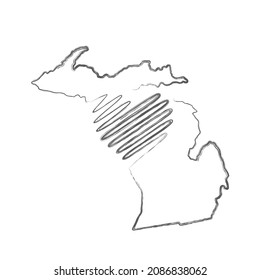 Michigan US state hand drawn pencil sketch outline map with heart shape. Continuous line drawing of patriotic home sign. A love for a small homeland. T-shirt print idea. Vector illustration.