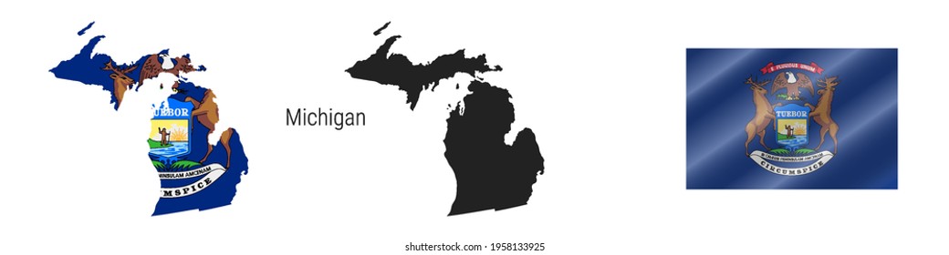 Michigan US state map with masked flag. Detailed silhouette. Waving flag. Vector illustration isolated on white.
