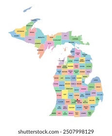 Michigan, U.S. state, multi colored political map with borders, county names and capital Lansing. State in the Great Lakes region of the Upper Midwest of the United States, subdivided into 83 counties