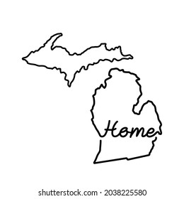 Michigan US state outline map with the handwritten HOME word. Continuous line drawing of patriotic home sign. A love for a small homeland. Interior decoration idea. Vector illustration.