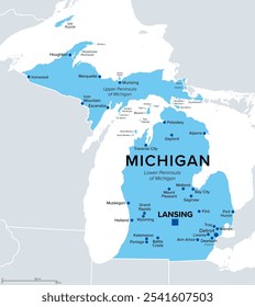 Michigan, U.S. state, political map. State in the Great Lakes region of upper Midwestern United States, with capital Lansing and metropolitan area Detroit. The Great Lake State, and Wolverine State.