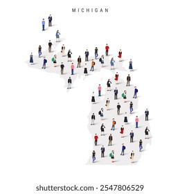 Michigan US state population map. Large group of realistic a diverse crowd of people figures. Flat vector illustration isolated on white.