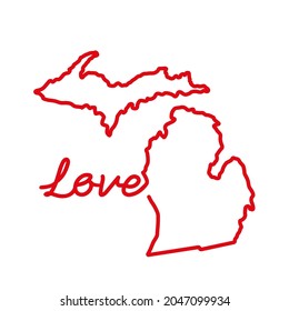 Michigan US state red outline map with the handwritten LOVE word. Continuous line drawing of patriotic home sign. A love for a small homeland. Interior decoration idea. Vector illustration.