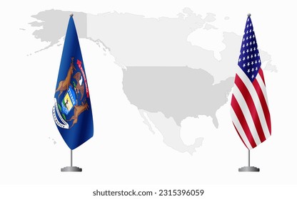 Michigan US and USA flags for official meeting against background of world map.