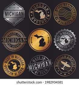 Michigan, USA Business Metal Stamps. Gold Made In Product Seal. National Logo Icon. Symbol Design Insignia Country.