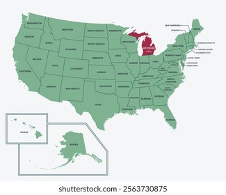 Michigan, USA. Editable isolated blank vector map of United states, highlighted at state of Michigan.