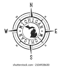 Michigan, USA Stamp Map Compass Adventure. Illustration Travel Country Symbol. Seal Expedition Wind Rose Icon.