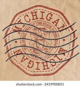 Michigan, USA Stamp Travel Passport. Design Retro Symbol Country. Old Vintage Postmark.