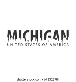 Michigan. USA. United States of America. Text or labels with silhouette of forest