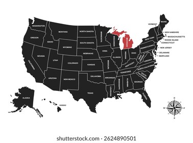 Michigan , USA, vector map isolated on United states map. Editable blank vector map of USA.