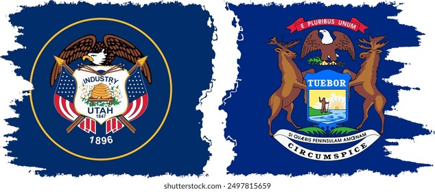 Michigan and Utah states grunge brush flags connection, vector