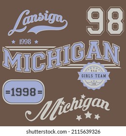 Michigan Varsity estampa de slogan de moda. Diseño impreso de tipografía de eslogan universitario. Gráfica de camisetas vectoras u otros usos.