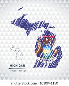 Michigan vector map with flag inside isolated on a white background. Sketch chalk hand drawn illustration