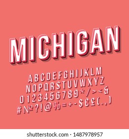 Michigan vintage 3d vector lettering. Retro bold font, typeface. Pop art stylized text. Old school style letters, numbers, symbols, elements pack. 90s, 80s poster, banner. Pink color background