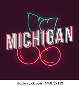 Michigan vintage 3d vector lettering. Retro bold font, typeface. Pop art stylized text. Old school style neon light letters. 90s, 80s poster, banner, t shirt typography design. Violet color background