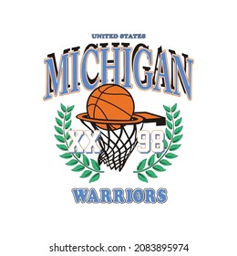 Michigan Warriors Basketball college varsity slogan print. College slogan typography print design. Vector t-shirt graphic or other uses.