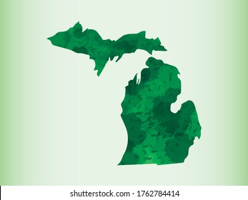 Michigan watercolor map vector illustration of green color on light background using paint brush in paper page