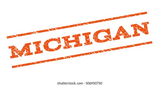 Michigan watermark stamp. Text caption between parallel lines with grunge design style. Rubber seal stamp with unclean texture. Vector orange color ink imprint on a white background.