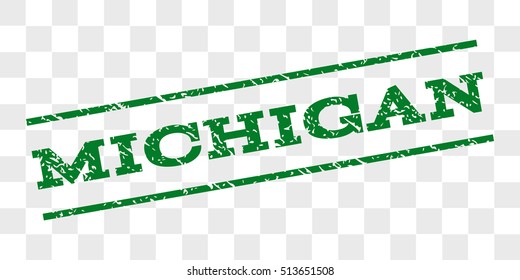 Michigan watermark stamp. Text caption between parallel lines with grunge design style. Rubber seal stamp with unclean texture. Vector green color ink imprint on a chess transparent background.