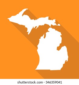 Michigan white map,border flat simple style with long shadow on orange background