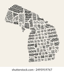 In: Michigan Word Cloud. Bundesstaat mit Bezirksteilung. Michigan typografische Text Wolken Vektorgrafik Bild Design. Klassische Gazette Stil Zustand Form Bild. Wunderschöne Vektorillustration.