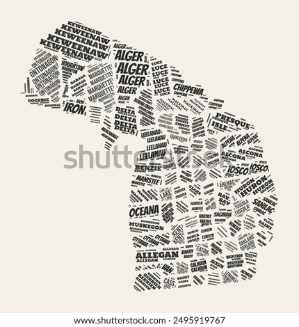 Michigan Word Cloud. State with counties division. Michigan typographic text clouds vector image design. Vintage gazette style state shape image. Beautiful vector illustration.