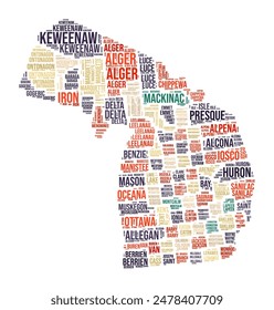 In: Michigan Word Cloud. Staatsform mit Bezirksteilung. In: Michigan Typography Style Bild. In: County names tag clouds. Vektorillustration.