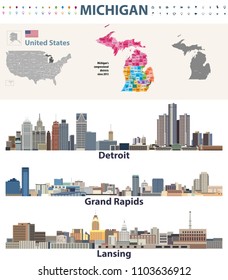 Michigan's congressional districts map with capital and major cities skylines of Michigan. Vector illustration