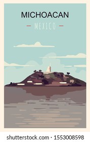 Michoacan retro poster. Michoacan travel illustration. States of Mexico greeting card. 