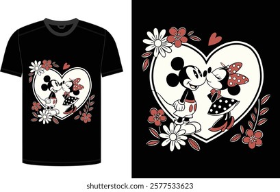 Mickey  Minnie Kissing T-Shirt Design Retro Love Theme with Classic Disney Style