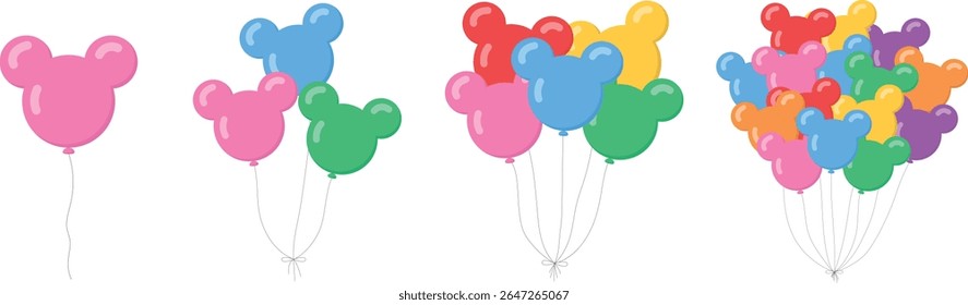 Mickey Mouse Forma Colorido Balões Plana Vetor Conjunto para Festa de Crianças e Decoração de Celebração