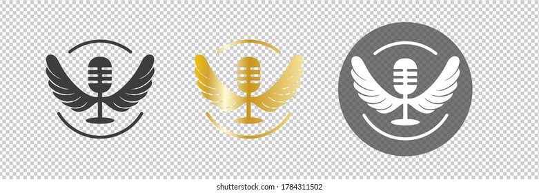 logotipo de micófono. micrófono con el diseño del logotipo del juego de alas. diseño de equipo de sonido de iconos vectoriales