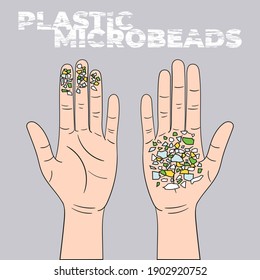 Micro beads on the palm. Microplastics from mismanaged plastic waste. Marine and ocean plastic pollution. Global environmental problems. Hand drawn vector illustration.