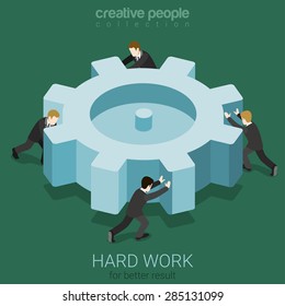 Micro Business People Spinning Big Cogwheel Gear. Hard Work Team Concept Flat 3d Web Isometric Infographic Concept Vector. Creative People Collection.