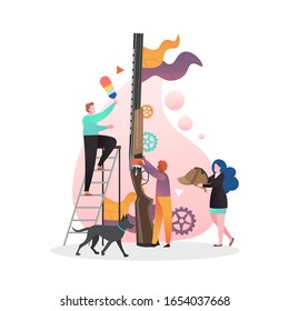 Micro character hunter holding huge shotgun, vector illustration. Hunting equipment, outdoor sport and recreation concept for web banner, website page etc.