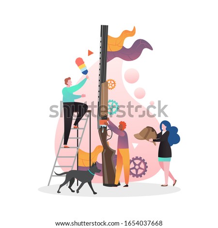 Micro character hunter holding huge shotgun, vector illustration. Hunting equipment, outdoor sport and recreation concept for web banner, website page etc.