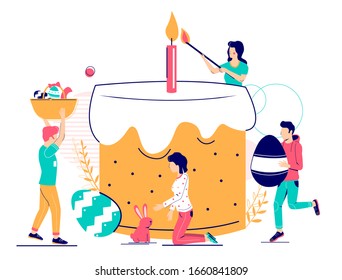 Micro characters carrying big Easter basket, painted egg, lighting candle on huge Easter cake with icing, vector flat illustration. Spring holiday celebration concept for web banner, website page etc.