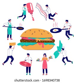 Los chefs de micro personajes cocinan enormes panecillos de hamburguesa con carne, tomates, lechuga y queso, ilustración plana vectorial. Burger house, concepto de restaurante de comida rápida para banner web, página web etc.