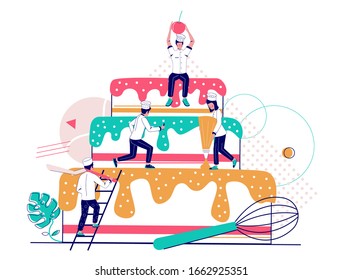 Micro Characters Glazing, Decorating Big Cake With Berries, Vector Flat Illustration. Dessert For Wedding Birthday Etc. Bakery, Confectionery, Cake Making Services Concept For Web Banner, Website Page