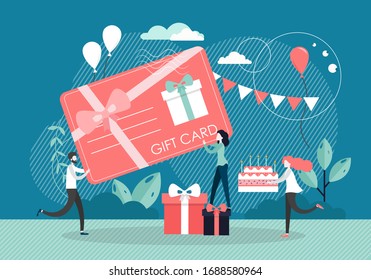 Micro characters holding huge gift card with pink ribbon and bow, vector flat style design illustration. Discount gift card, voucher, certificate marketing strategy tool.