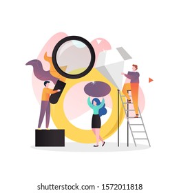 Micro characters jewelers making huge diamond ring, vector illustration. Jewelry workshop, jeweller service concept for web banner, website page etc.