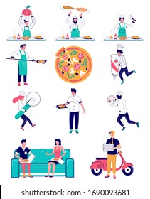 Micro characters pizzamakers making huge pizza, courier delivering and couple eating pizza, vector flat illustration. Pizzeria, fast food restaurant, food delivery concept for web banner, website page