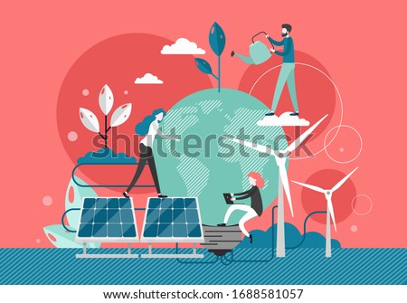 Micro characters watering plant, hugging huge eco planet Earth connected to solar panels and windmills generating renewable alternative energy, vector flat style design illustration. Green energy.