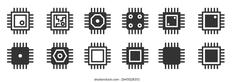 Conjunto de ícones de microchip. Coleção de placas de circuito. Ilustração vetorial.