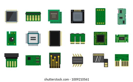 Micro chip icon set. Flat set of micro chip vector icons for web design isolated on white background