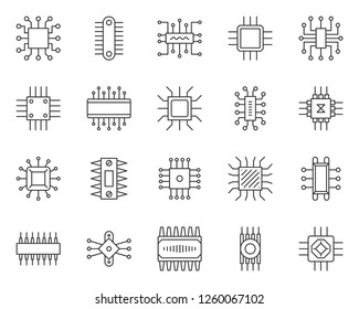 Micro chip thin line icon set. Outline sign kit of cpu. PC component linear icons of abstract circuit, hi tech, electronic technology. Computer core simple contour symbol isolated. Vector Illustration