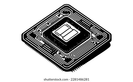 Micro chip vector black line illustration isolated white. Sketch art