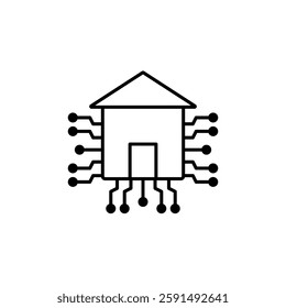 micro circuit chips house icon, smart home technology house icon, simple flat style, illustration, logo sign symbol pictogram template, for ui or ux isolated on white for mobile app, editable