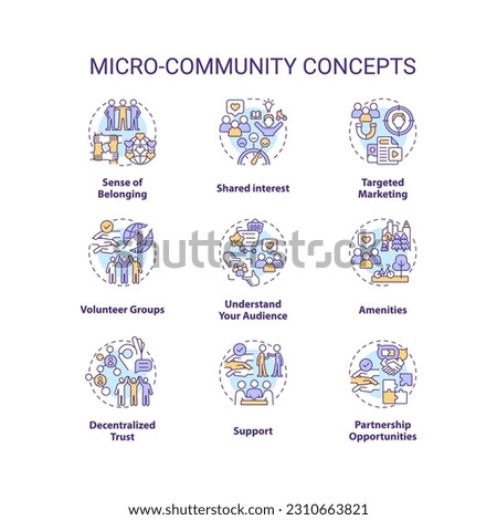 Micro community concept icons set. Small group. Social cohesion. Mutual aid. Common goal. Collaborative project. Build community idea thin line color illustrations. Isolated symbols. Editable stroke