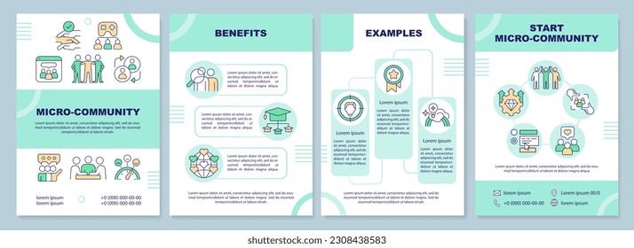 Plantilla de folletos verdes de la comunidad micro. Conexión social. Diseño del prospecto con iconos lineales. Editable 4 diseños vectoriales para presentación, informes anuales. Arial-Black, Myriad Pro-Regular fuentes utilizadas